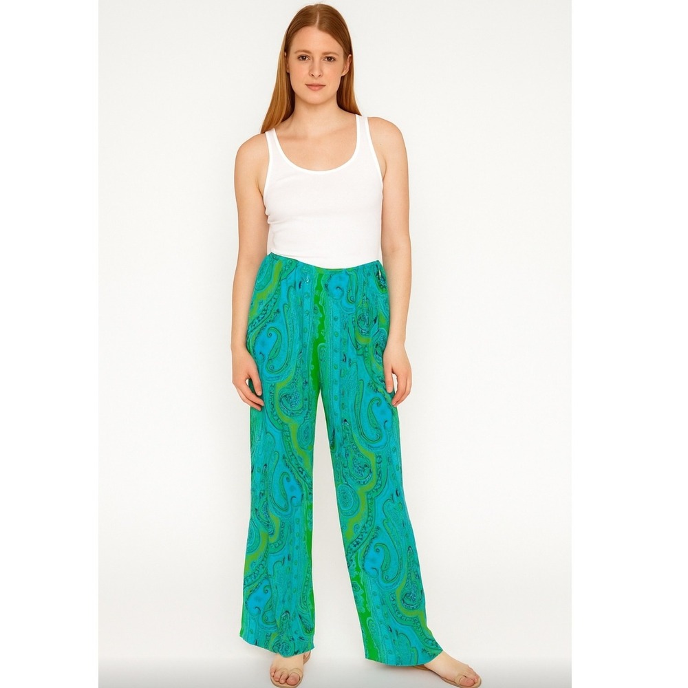 Vintage Kay Unger New York Silk Pants Size 10 Paisley Beaded Sequined Aqua Green